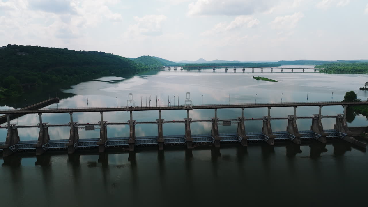 Panoramic View Of Big Dam Bridge Gates Over Arkansas River In Cook's Landing Park, North Little Rock, Arkansas USA