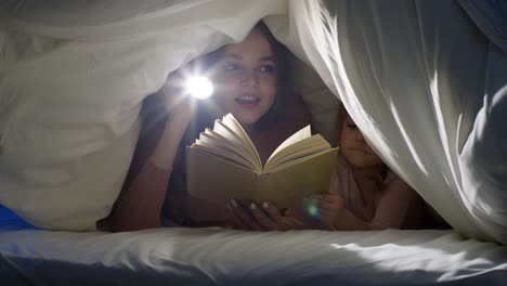 Mother-and-daughter-lying-in-bed-at-home-under-duvet-blanket-and-reading-bedtime-stories,-fairytales