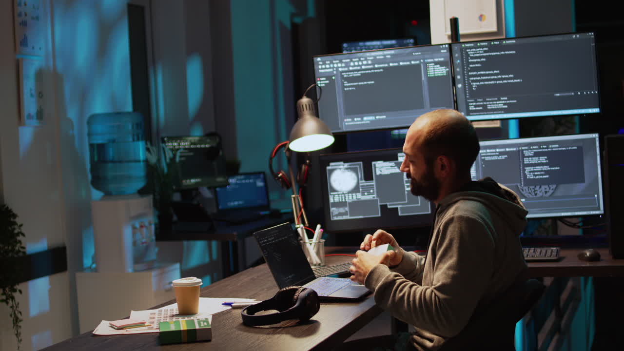 Man coding on computer in office