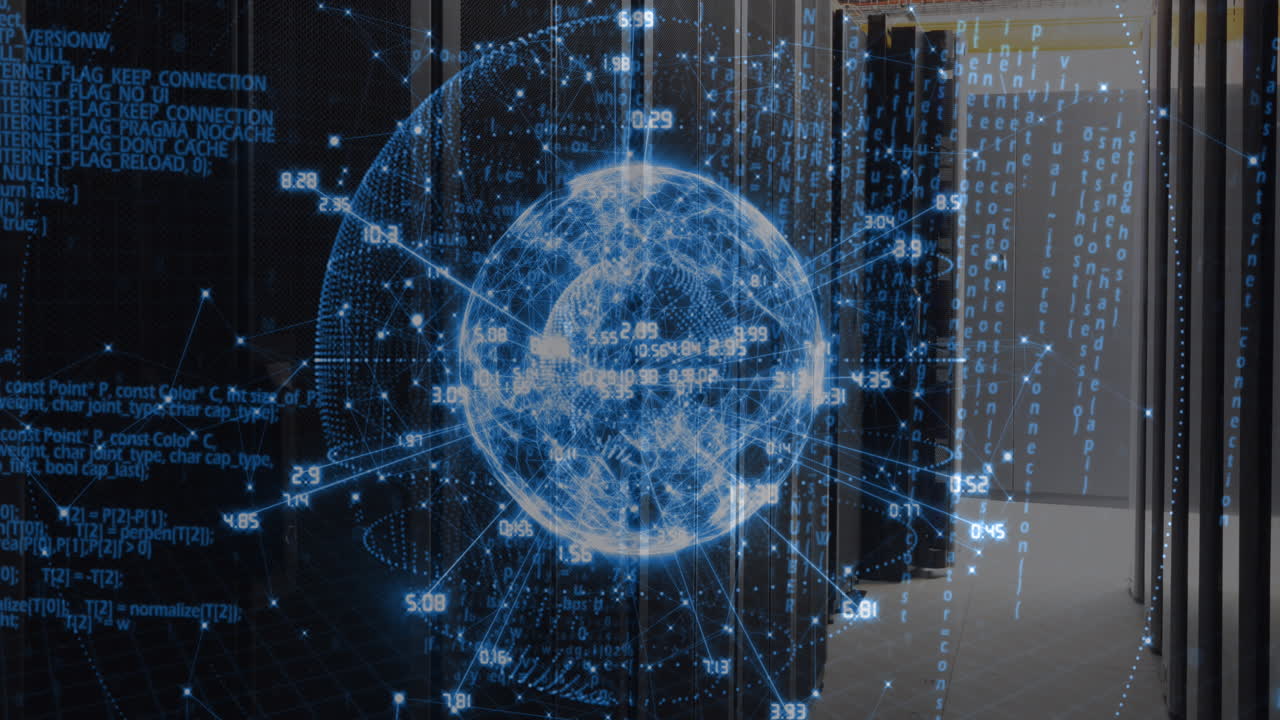 Animation of data processing over spinning globe against computer server room