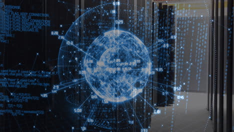 animation of data processing over spinning globe against computer server room