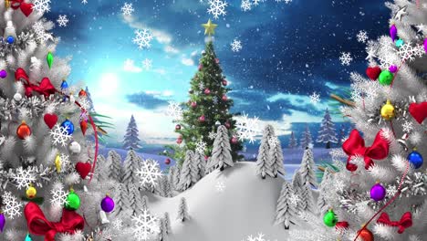 Animation-of-snow-falling-over-christmas-tree-and-winter-landscape