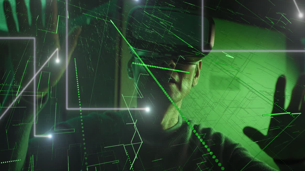 animación de datos sobre ingeniero informático masculino con auriculares vr por servidor de computadora