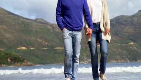 Mature-couple-holding-hands-and-walking-on-the-beach