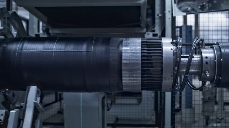 Modern tire production automat stamping black rubber tape in industrial factory
