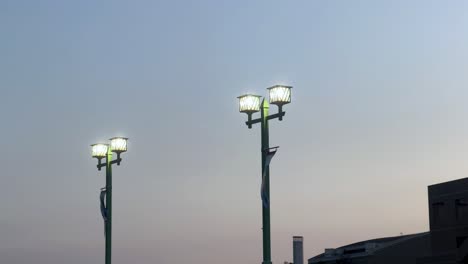 Lampposts-illuminated-at-dusk-in-a-calm-urban-setting,-with-tattered-banners-fluttering