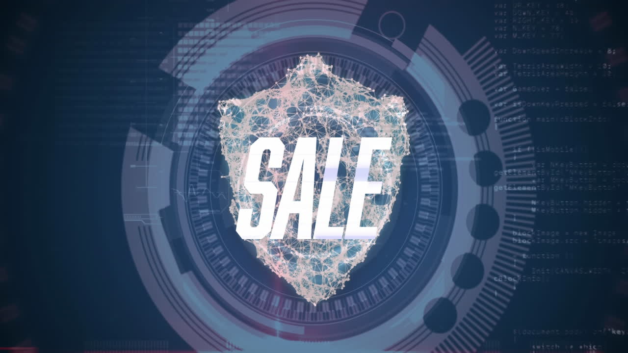 보안 드 아이콘과 둥근 스캐너 위에 판매 텍스트 배너의 애니메이션