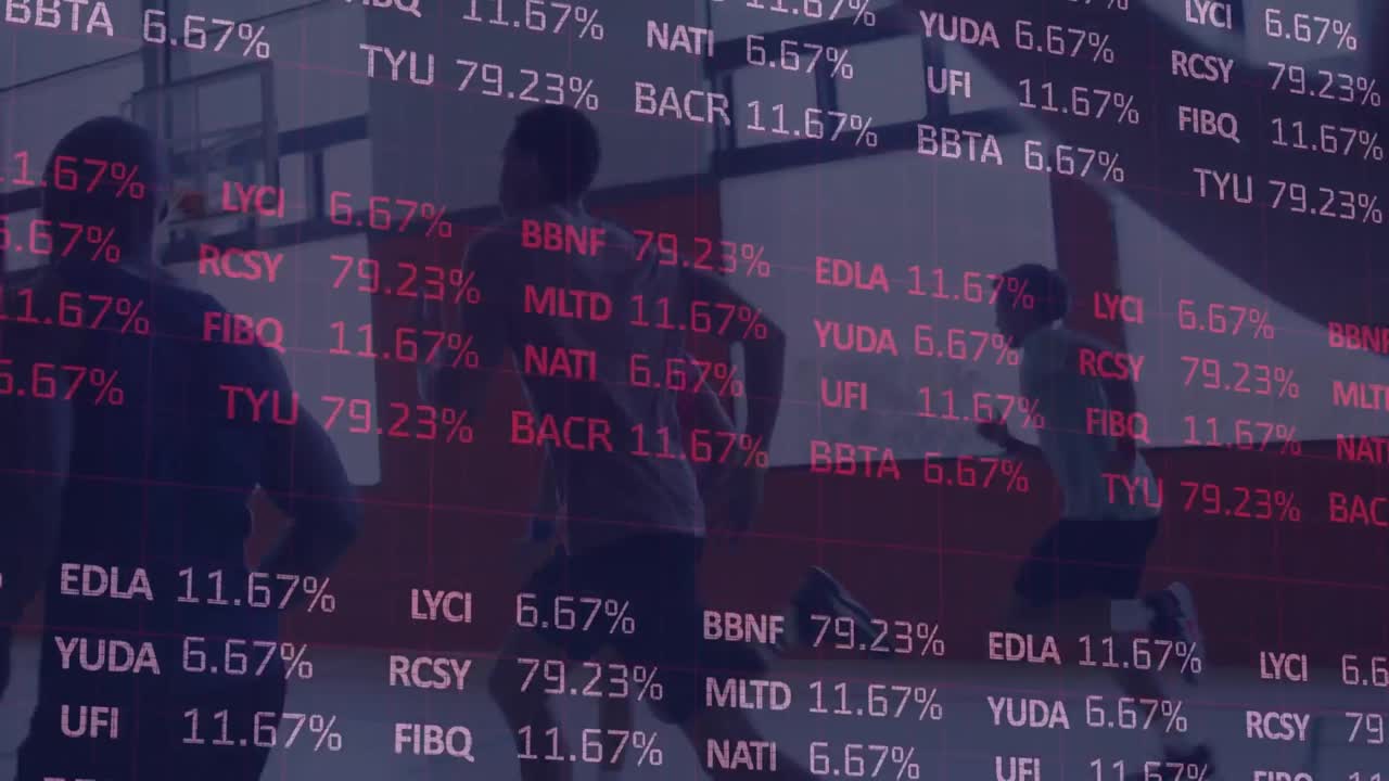 체육관에서 다양한 남성 농구 선수 그룹에 대한 금융 데이터 처리 애니메이션