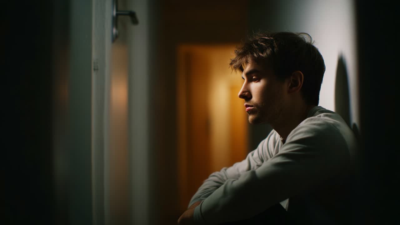 Contemplation and Solitude: A Reflective Moment Captured in Soft Lighting Showcasing a Young Man Deep in Thought Against a Dimly Lit Corridor