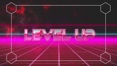 Animation-of-level-up-in-frame-over-pink-and-black-digital-space