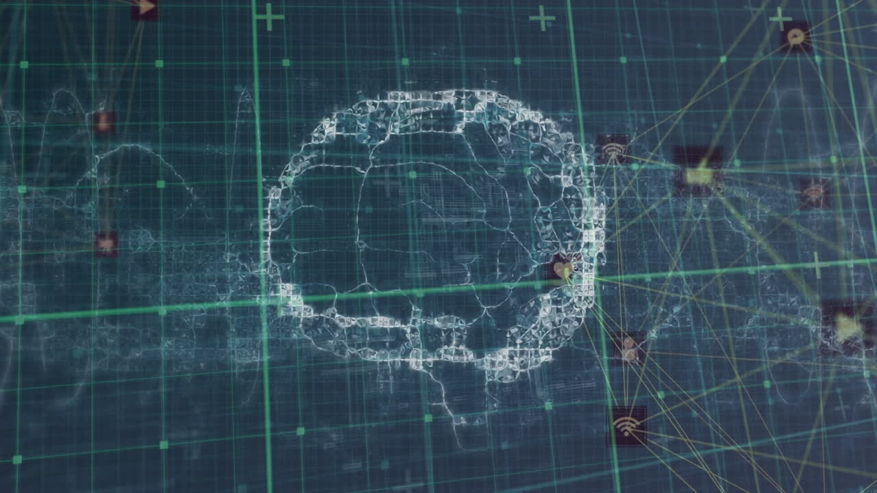 Animation of digital brain over application icons interconnecting with lines and abstract pattern