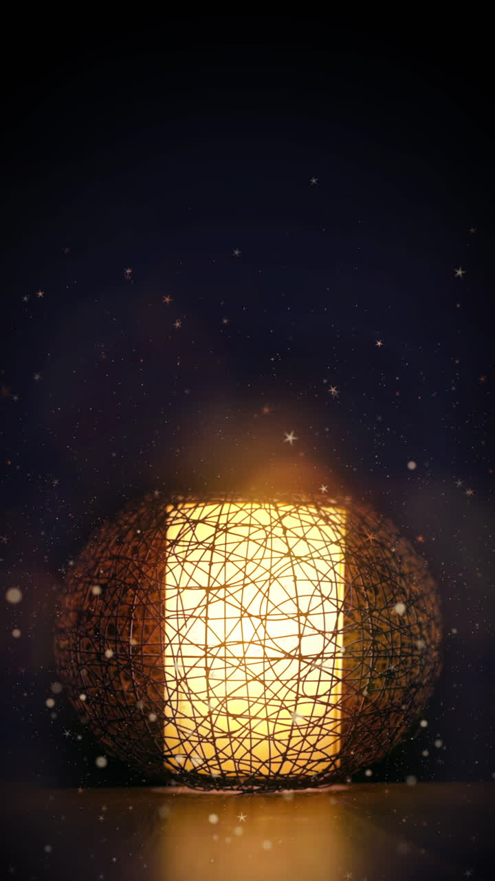 Night retro lamp with decorative artistic wicker lampshade on table in dark room. Looped animation of flying particles and flickering lamp. Vertical video.