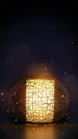 night retro lamp with decorative artistic wicker lampshade on table in dark room. looped animation of flying particles and flickering lamp. vertical video.