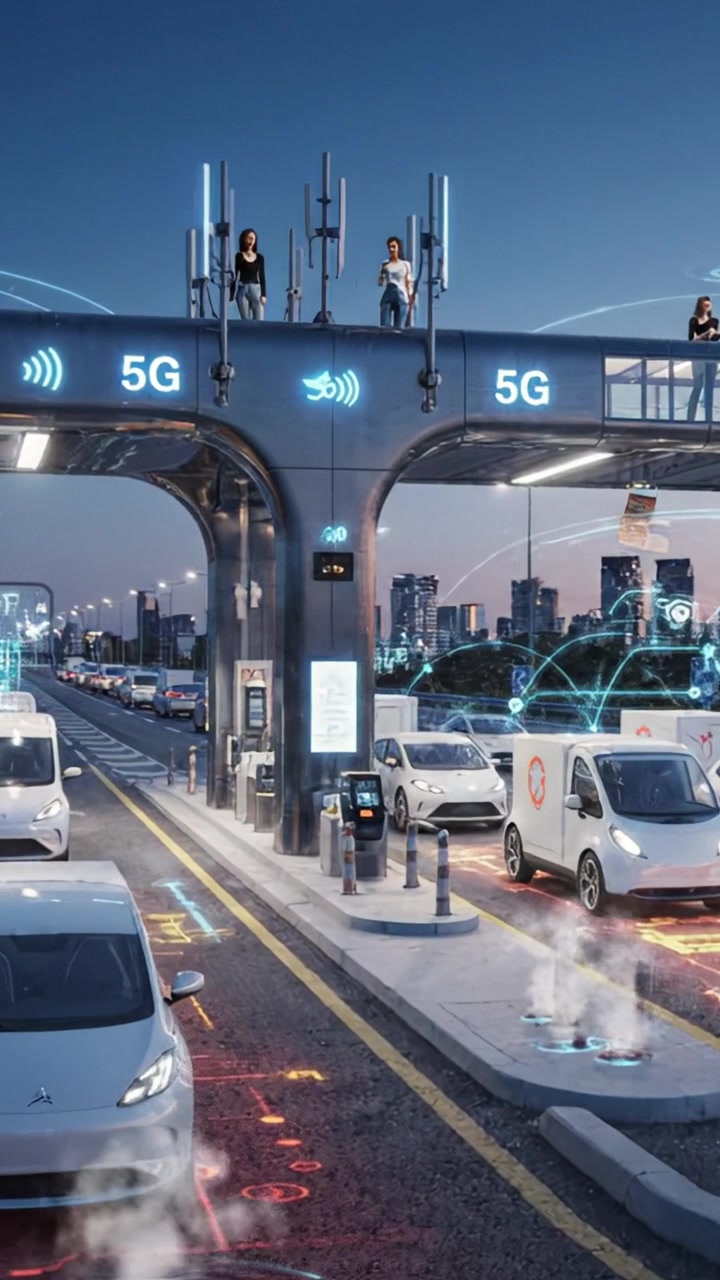 Futuristic Smart Intersection with Advanced 5G Technology Enhancing Urban Traffic Management and Connectivity for Autonomous Vehicles at Dusk