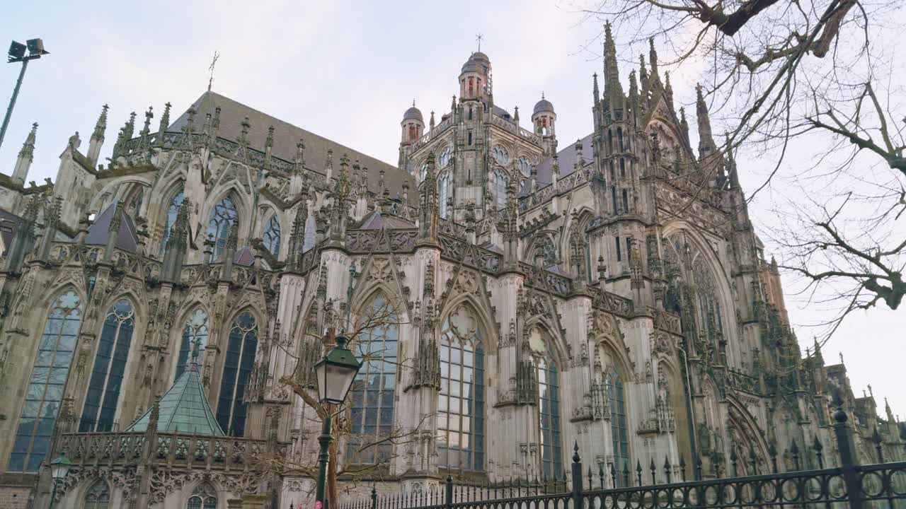 Saint John's Cathedral in 's- Hertogenbosch Den Bosch in Netherlands, wide angle view of building, tree, sky, fence, chapel and spires, authentic traditional Dutch European architecture style design
