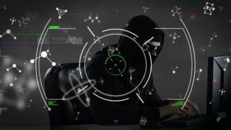animación del alcance y las moléculas sobre hacker con computadora portátil