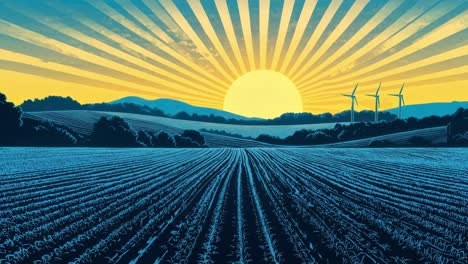 vibrant video still of a sunrise over fields with wind turbines, captured from a low angle