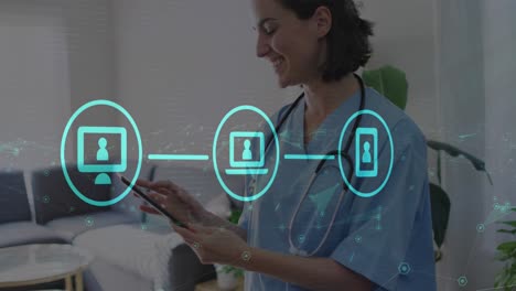animación de iconos y puntos conectados sobre una doctora caucásica sonriente usando una tableta digital