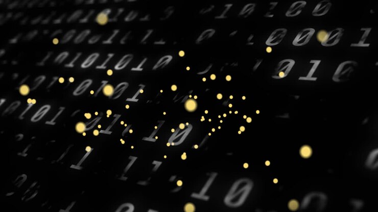 Animation of dolar and bitcoin sing over binary coding