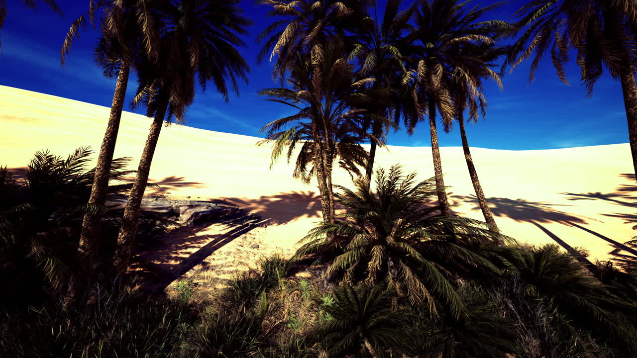 Lush palm oasis amidst golden dunes under the bright blue sky