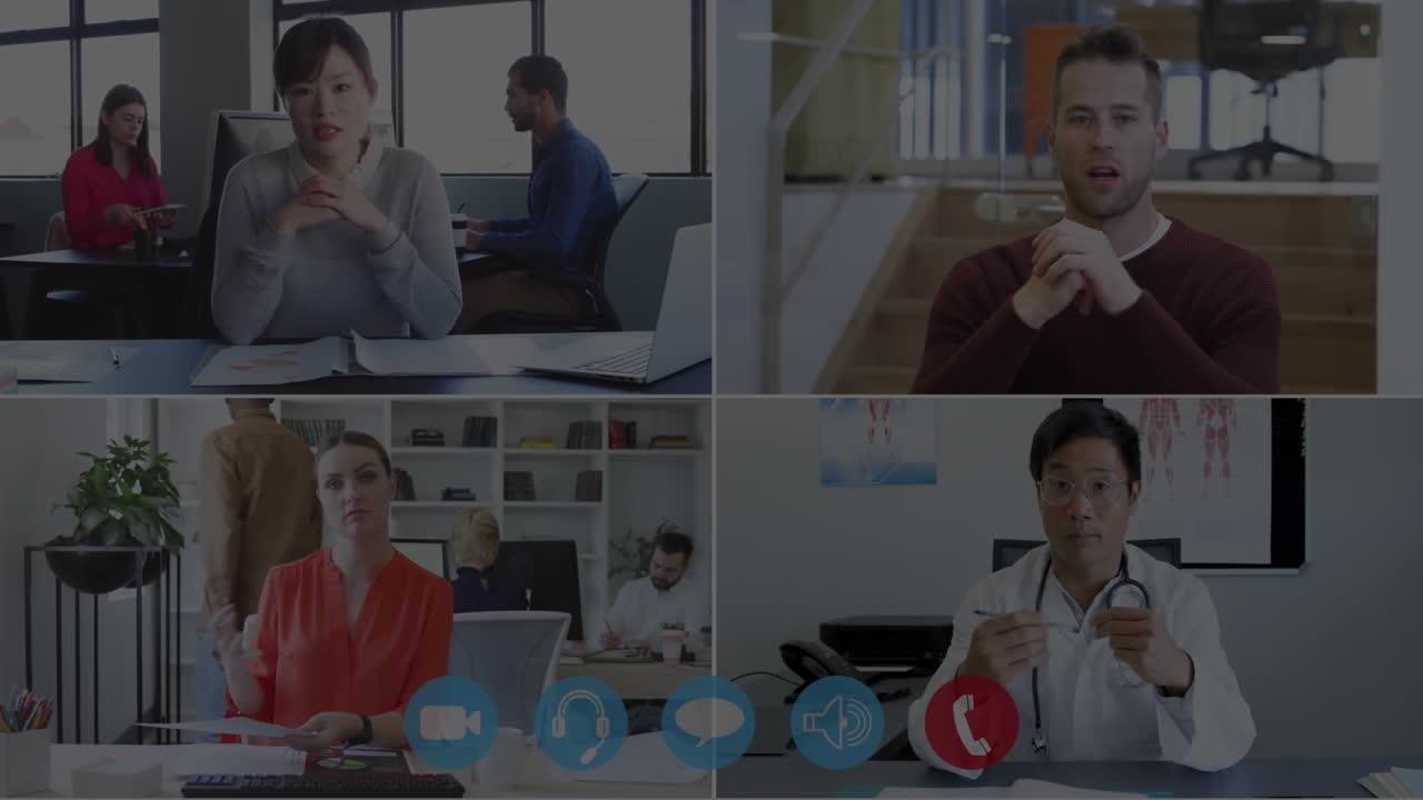 의사 및 비즈니스 사람들과의 비디오 통화를 통해 모양의 애니메이션