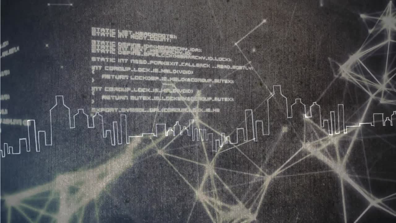 회색 배경에 있는 데이터와 전면에 있는 도시 모양의 빛 연결