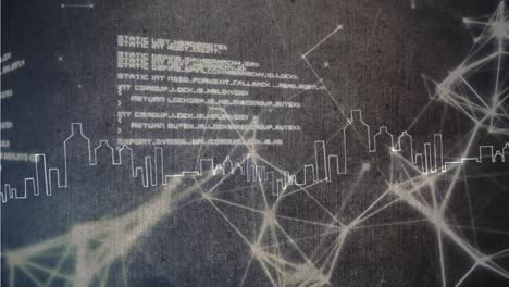 conexiones de luz con datos en un fondo gris con una forma de ciudad en primer plano
