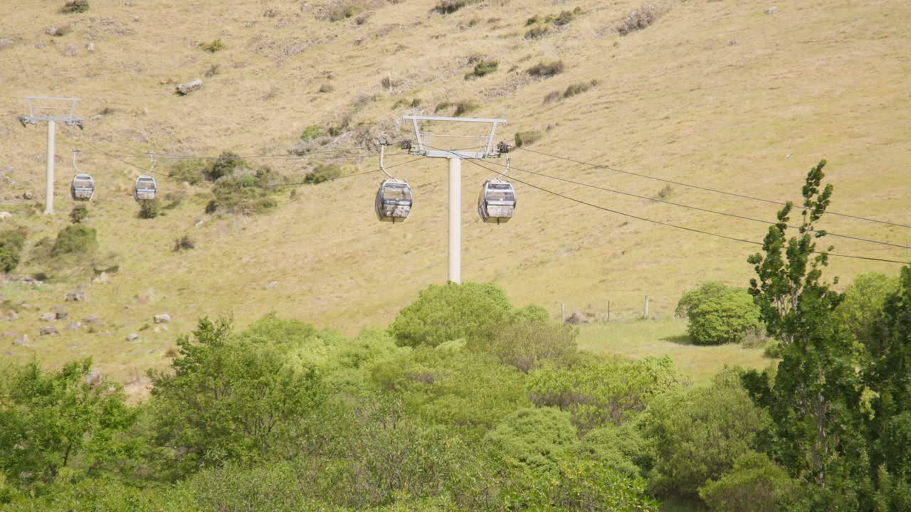 A zoomed in view of the Christchurch Gondola with dry grass on a windy day