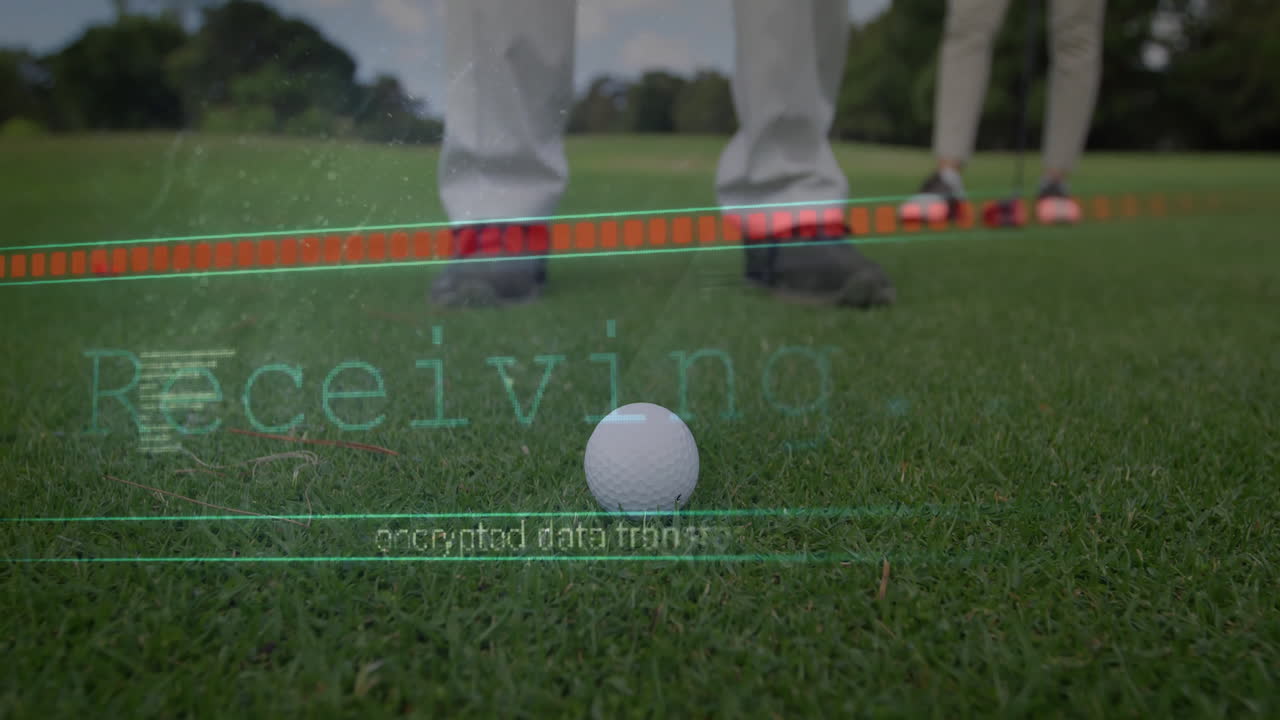 Mature golfers preparing putt on putting green, viewing golf tech scanning lines, red data blocks