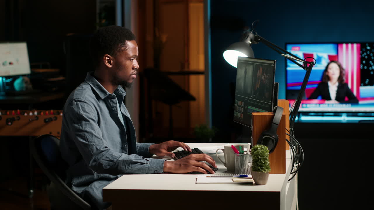 editor masculino enfocado trabajando en montaje de video en un software creativo