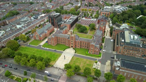 overhead aerial video of queen's university in belfast, northern ireland in the uk. filmed in 4k, 30fps and with rec709 color