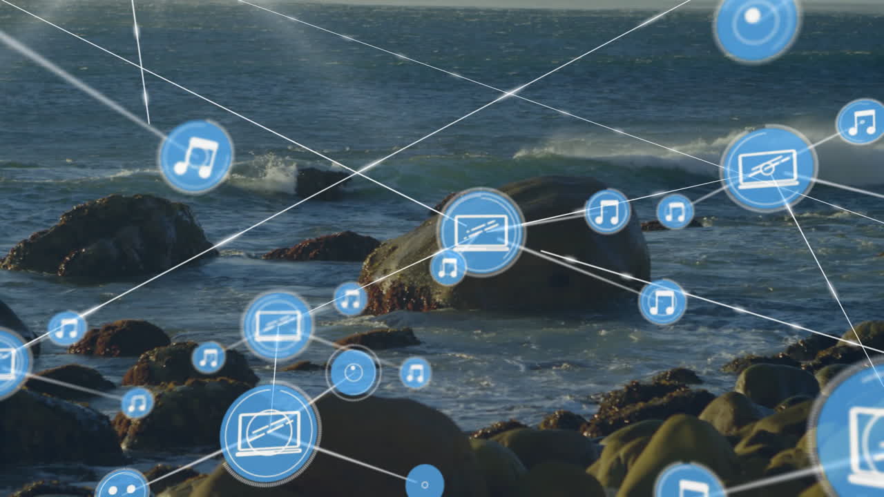 Digital music icons and connections animation over rocky ocean shoreline