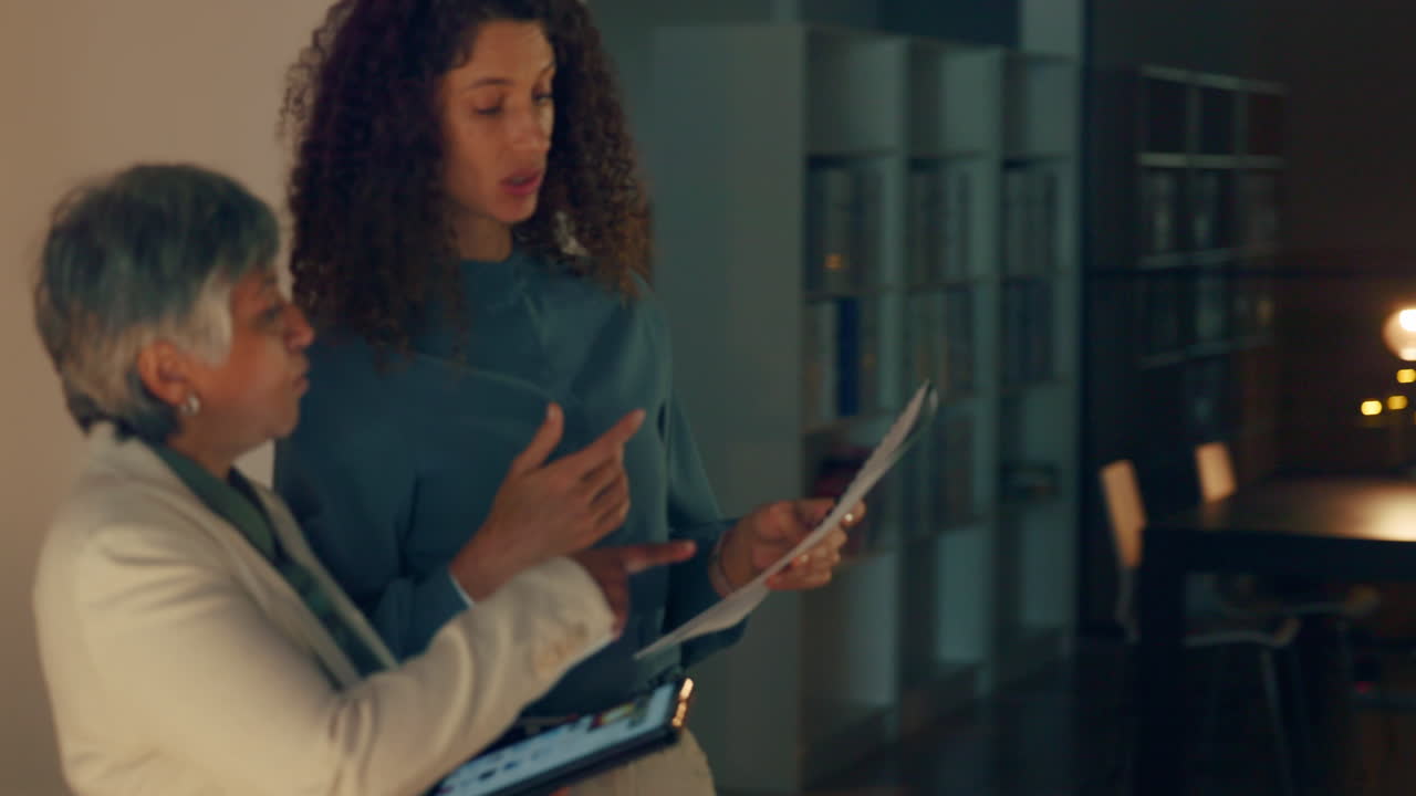 Business women, planning and office at night
