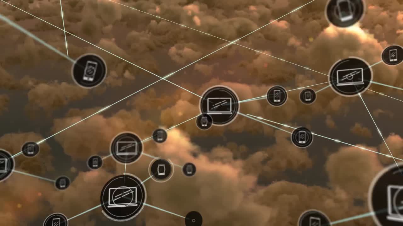 animación de la red de conexiones de iconos con computadoras portátiles y teléfonos inteligentes a través de nubes