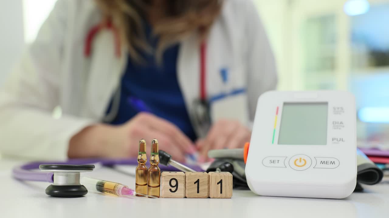 Apparecchiature mediche e blocchi con il numero 911 con un medico che scrive sullo sfondo