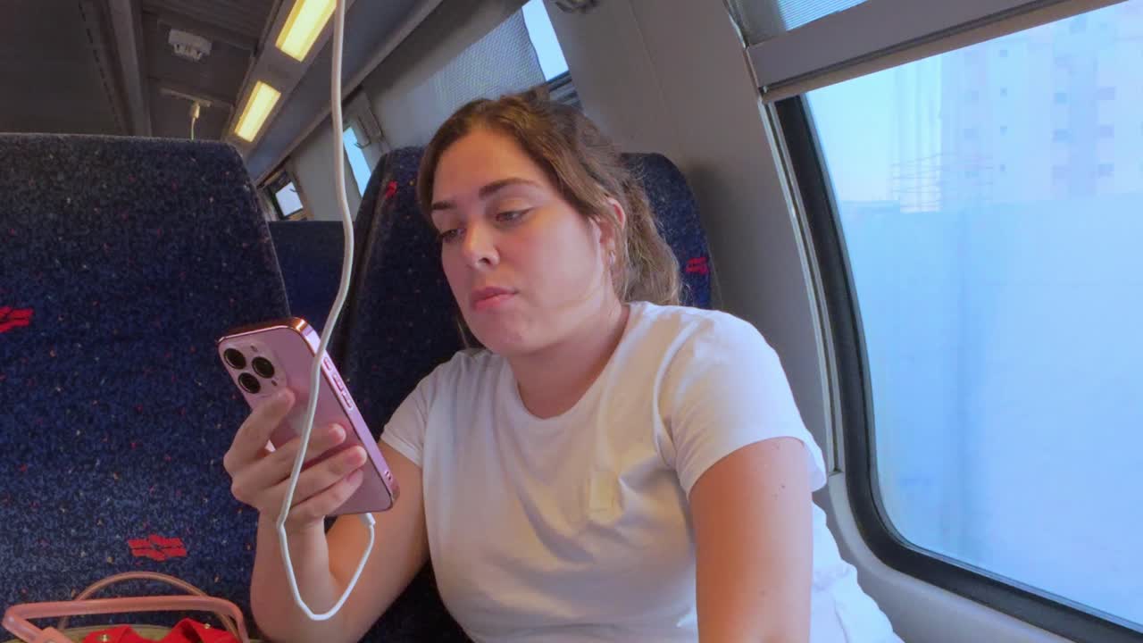 Brightly Lit Train Carriage with a Woman Using Modern Technology