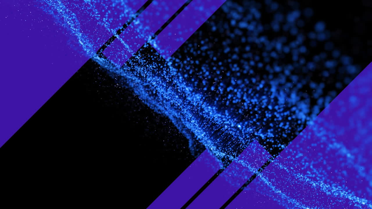 검은색 배경에 복사 공간으로 움직이는 파란색 모양과 반점의 애니메이션