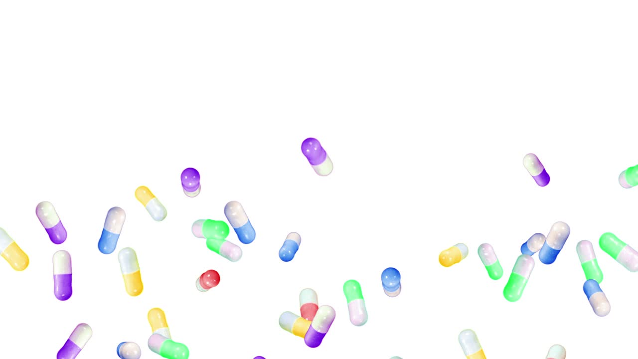 volando muchas cápsulas médicas en fondo blanco. concepto de medicina y farmacia. animación 3d de coloridas cápsulas de pastillas girando. animación de bucle.