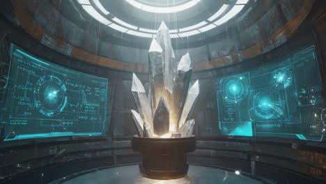 futuristic crystal energy core with holographic displays