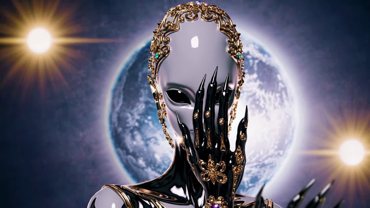 Enigmatic golden adorned extraterrestrial being standing gracefully, metallic skin gleaming against cosmic backdrop of luminous planets and distant stars