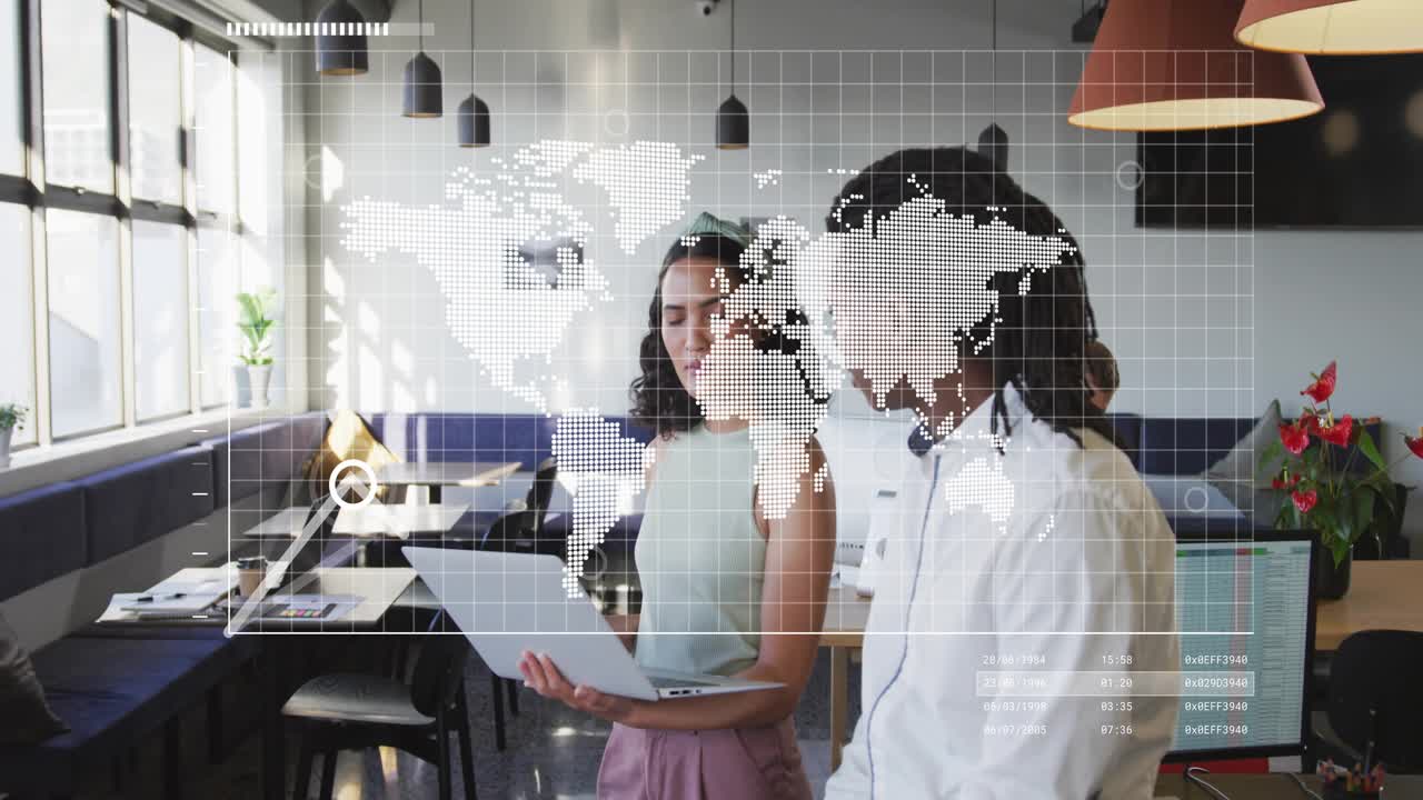 Woman with laptop and paper initiating HUD, peer reviewing sales in lounge, world map rising graph