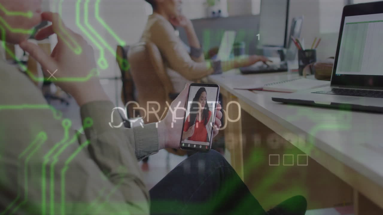 Cryptocurrency data animation over person viewing smartphone in modern office