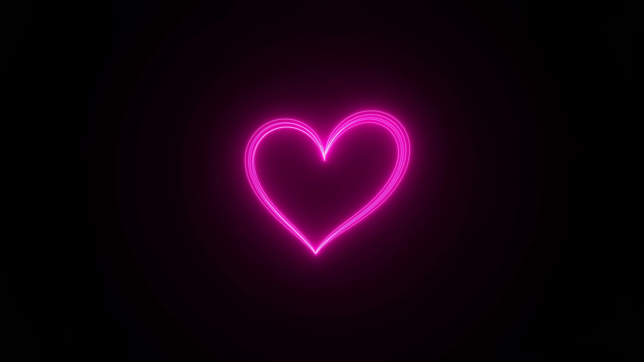 Neon Pink Heart Drawing On Black Background, Glowing Outline Forms Heart Shape With Pulsing Motion, Vibrant