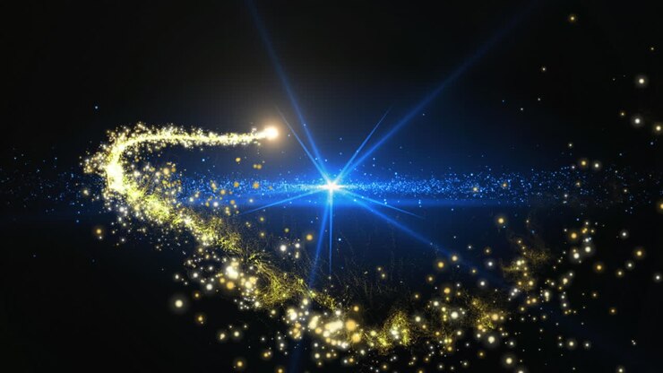 Animazione di particelle gialle luminose e luce blu