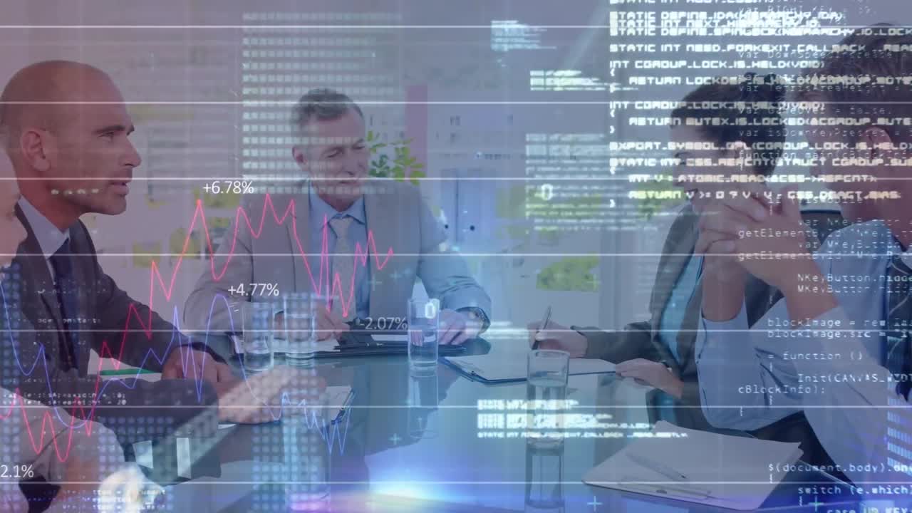 animación de datos financieros y gráfico sobre diversos empresarios en la oficina