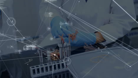 animación de conexiones a través de diversos científicos con tubos de ensayo