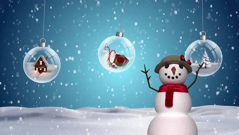 Animation-of-snowflakes-falling-over-snowman-and-christmas-balls-in-winter-scenery