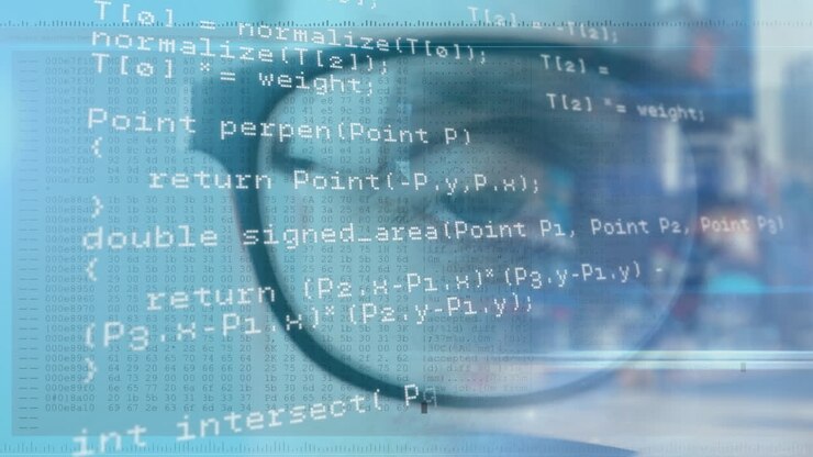 Animation of data processing over eye of caucasian man