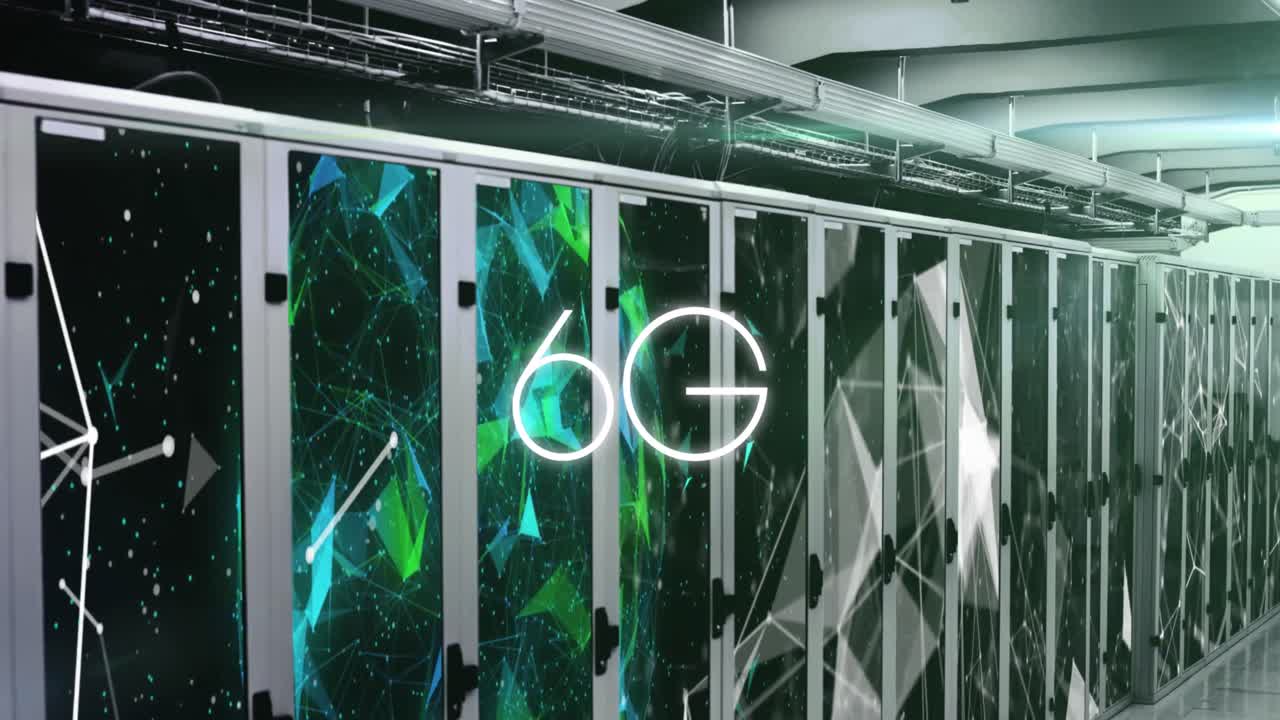 Animation of 6g text over connected dots and rotating globe over server racks in server room