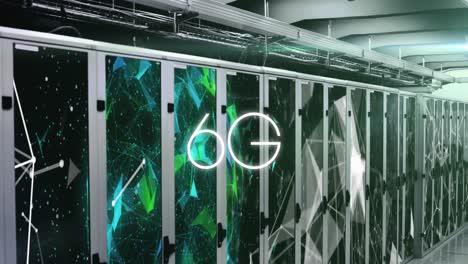 animation of 6g text over connected dots and rotating globe over server racks in server room